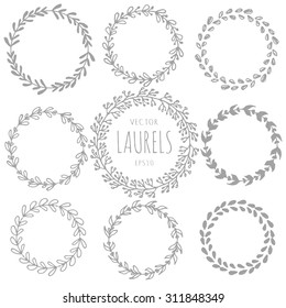 Collection of hand drawn laurels and round wreaths, Romantic wreath with copyspace for your text. Floral wreath with copyspace for your text. Save the date, wedding or invitation card design element