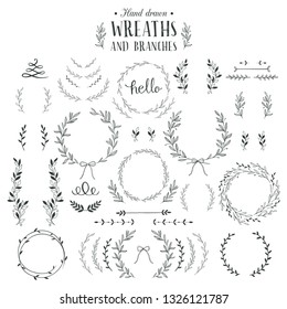 Collection of hand drawn laurels, wreaths and branches. 