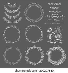 Collection of hand drawn laurels and wreaths. Floral wreath with copy space for text. wedding or invitation card design element. Swirls, frames, arrows, leaves,  dividers, branches, banners and curls.