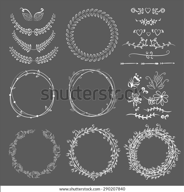 Collection of hand drawn laurels and wreaths.\
Floral wreath with copy space for text. wedding or invitation card\
design element. Swirls, frames, arrows, leaves,  dividers,\
branches, banners and\
curls.