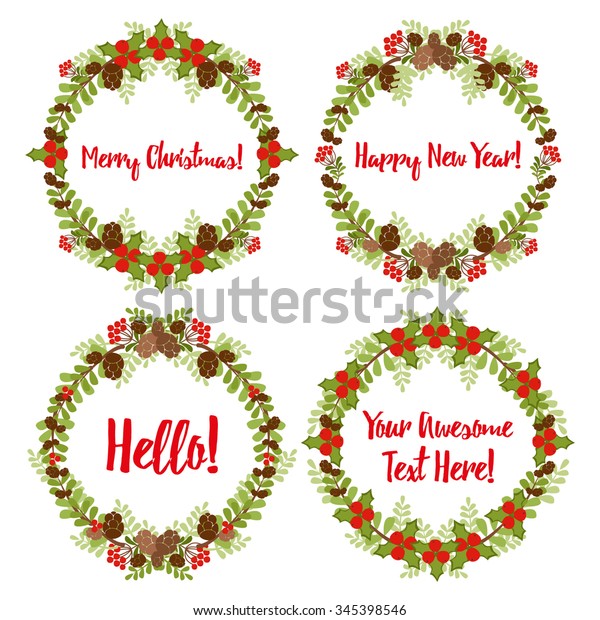Collection of hand drawn laurels and wreaths.\
Christmas wreath with copy space for text. invitation card design\
element. Swirls, frames, arrows, leaves,  dividers, branches,\
banners. Happy new\
year