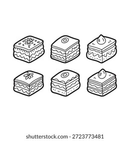 Una colección de pasteles cuadrados en capas dibujados a mano con varios ingredientes