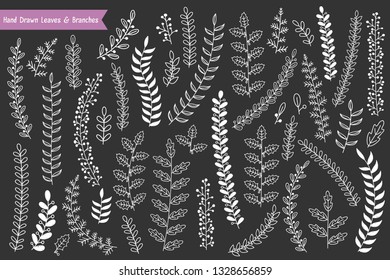 Collection of hand drawn leaves and branches on dark background, vector eps10 illustration