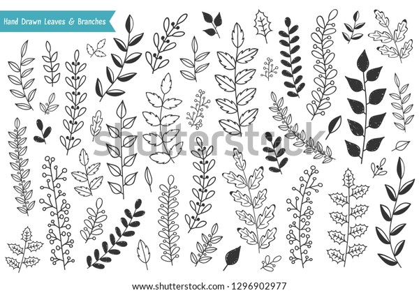 Collection of hand drawn leaves and branches\
on white background, vector eps10\
illustration