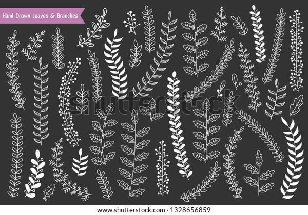 Collection of hand drawn leaves and branches\
on dark background, vector eps10\
illustration