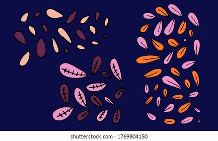 Collection of hand drawn leaves. Doodle illustration. Simple floral elements isolated on dark blue background