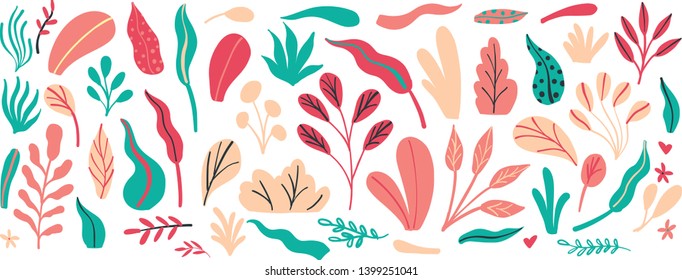 Collection of hand drawn leaves and plants bright vector illustrations in trending doodle style. Isolated on a white background
