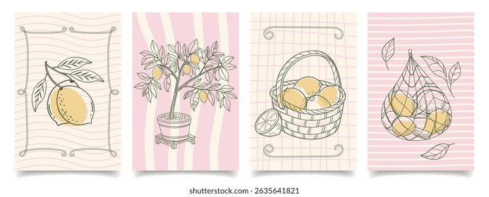 Collection of hand drawn lemon themed botanical illustrations for cards and posters. Mediterranean set. Sketch illustration.