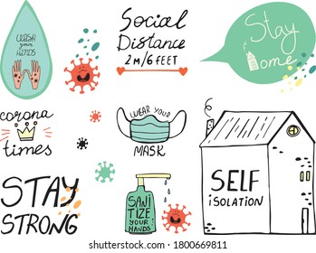 Collection of hand drawn lettering about quarantine and corona virus pandemy. Hand drawn stickers self isolation, wash your hands, corona times, stay home, stay strong, sanitize your hands.