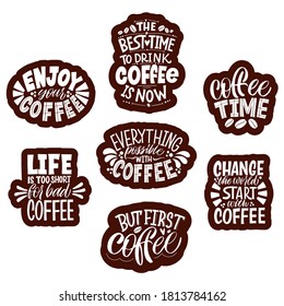 Collection of hand drawn lettering about quarantine coffee. Calligraphy style quote. Graphic design lifestyle lettering. Handwritten lettering design elements for cafe decoration and shop advertising.