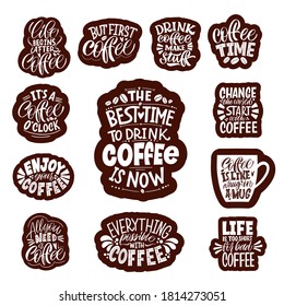 Collection of hand drawn lettering about quarantine coffee. Graphic design lifestyle lettering. Handwritten lettering design elements for cafe decoration and shop advertising. Calligraphy style quote.