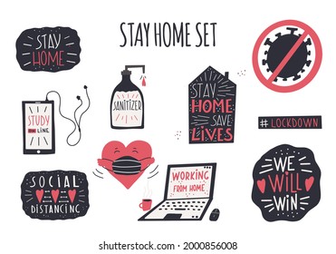 Collection of hand drawn lettering about quarantine and corona virus 2020 pandemy. Covid19 quotes and concepts.
