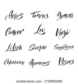 Collection of hand drawn lettering calligraphy zodiac signs. Vector graphics astrology set. Astrological calendar collection, horoscope constellation vector stock illustration.