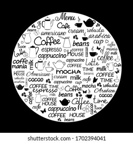 Collection of hand drawn lettering of coffee. Black and white illustration