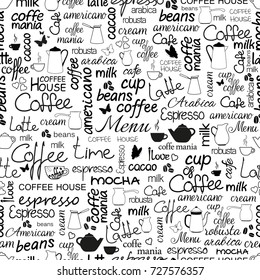 Collection of hand drawn lettering of coffee. Black and white seamless pattern.