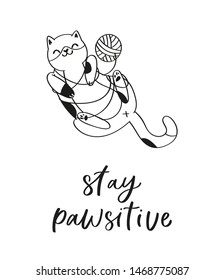 Collection hand drawn lettering quotes about cute funny cats. Humoristic calligraphy message, slogan use for cards, print. Scandinavian style pretty pet in cartoon style black on white background