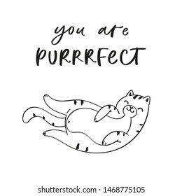 Collection hand drawn lettering quotes about cute funny cats. Humoristic calligraphy message, slogan use for cards, print. Scandinavian style pretty pet in cartoon style black on white background