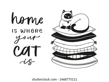 Collection hand drawn lettering quotes about cute funny cats. Humoristic calligraphy message, slogan use for cards, print. Scandinavian style pretty pet in cartoon style black on white background