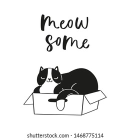 Collection hand drawn lettering quotes about cute funny cats. Humoristic calligraphy message, slogan use for cards, print. Scandinavian style pretty pet in cartoon style black on white background