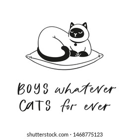 Collection hand drawn lettering quotes about cute funny cats. Humoristic calligraphy message, slogan use for cards, print. Scandinavian style pretty pet in cartoon style black on white background