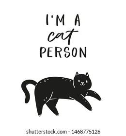 Collection hand drawn lettering quotes about cute funny cats. Humoristic calligraphy message, slogan use for cards, print. Scandinavian style pretty pet in cartoon style black on white background