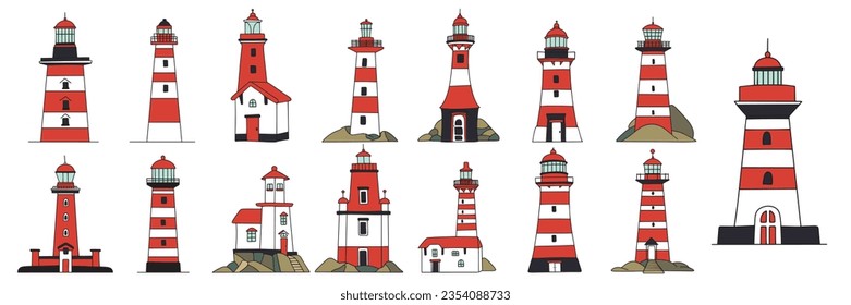 Collection of hand drawn lighthouse colored outline isolated on white background. Vector illustration.