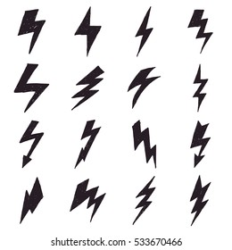 Collection of hand drawn lightning bolt symbols isolated on a white background. Vector illustration