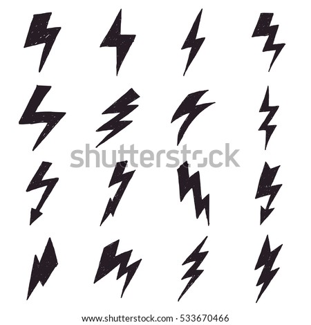 Collection of hand drawn lightning bolt symbols isolated on a white background. Vector illustration
