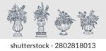 A collection of hand drawn line art style flowers and urns.
