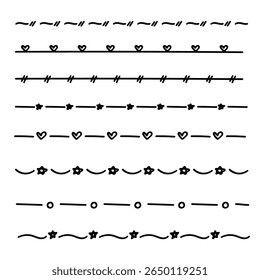 Collection of hand drawn line art text dividers featuring various doodle patterns, including hearts, stars, circles, and dashes.