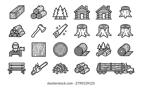 A collection of hand drawn line art icons representing the logging industry, forestry tools, wood materials, and lumber transportation.