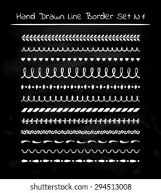 Collection of hand drawn line borders on black chalk board texture. Set of floral ornaments and waves. Vector illustration.