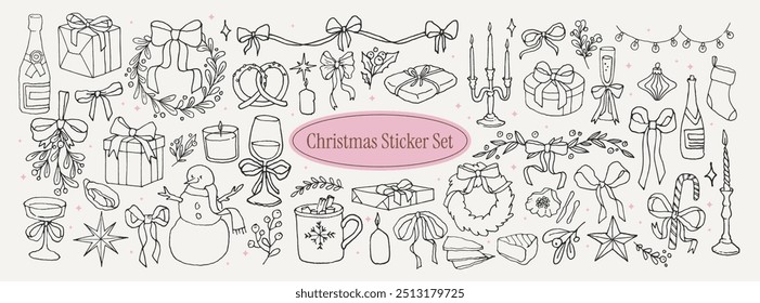 Collection of hand drawn line Christmas and New Year elements. Vintage monochrome doodle art stickers in retro style. Clipart of imperfect, curved lines drawn in ink for logos, posters, prints.	