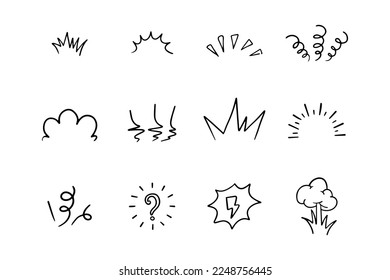 Collection of hand drawn line showing lines, sunbeams, flakes, surprise etc.