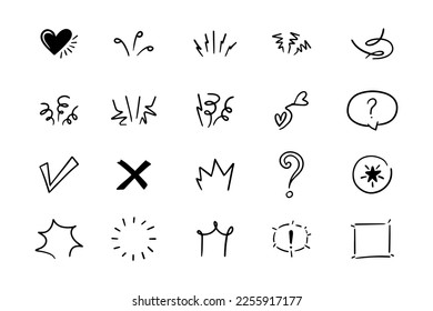 Collection of hand drawn line showing lines, sunbeams, flakes, surprise etc.