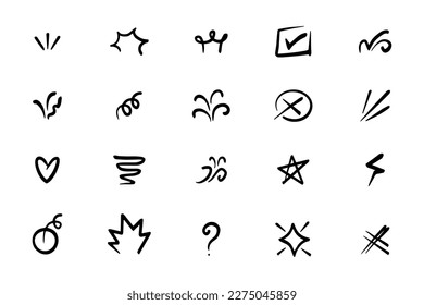 Collection of hand drawn line showing lines, sunbeams, flakes, surprise etc.