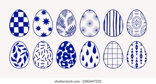 Collection of hand drawn linear Easter decorated eggs with doodle, floral, geometric ornaments. Vector blue outline illustration. Trendy minimal design for spring holiday celebration