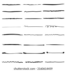 Sammlung von handgezeichneten Linien, Pinsellinien, Pinselstriche, Striche, unterstreicht, verschiedene Formen des Doodle-Stils, Vektorgrafik.