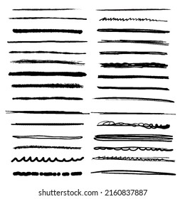 Collection of hand drawn lines, brush lines, brush strokes, underlines, various shapes of doodle style, Vector illustration.