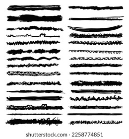 Collection of hand drawn lines, brush lines, brush strokes, underlines, various shapes of doodle style, Vector illustration.