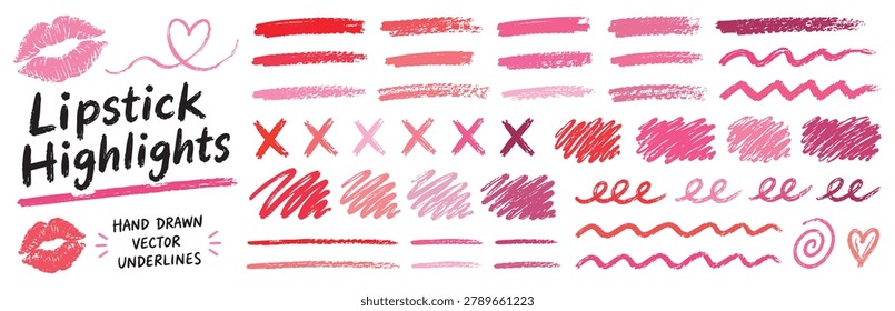 Collection of hand drawn lipstick strokes, underlines, hearts, lips, and scribbles in various shades of pink and red, isolated on a white background.