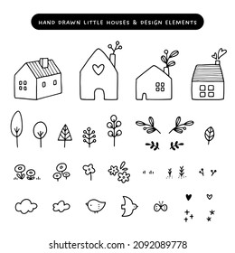 Colección de pequeñas casas, árboles, flores, pájaros y pequeños elementos de diseño. Ilustraciones vectoriales de estilo Doodle.