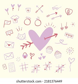 Collection of hand drawn love elements. Vector. 