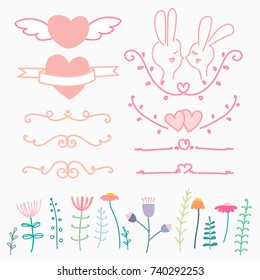 Collection Of Hand Drawn Lovely For Wedding. Doodle Vector Illustration Include Heart, Flower And Rabbit. 