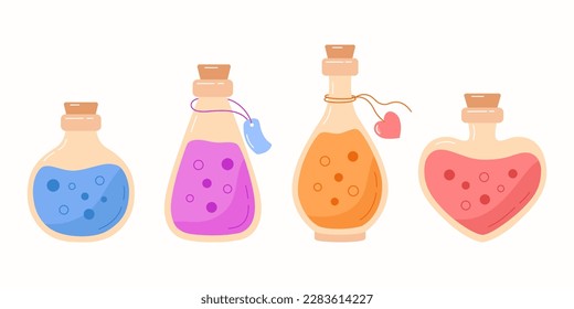 Colección de pociones mágicas dibujadas a mano y elixires líquidos en estilo plano. Botellas de poción de bruja. Ilustración del vector