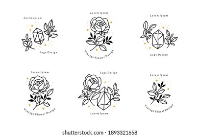 Collection Of Hand Drawn Magical Elements With Crystal, Flower, Stars, Leaf Branch For Feminine Icon, Beauty Logo, Emblem, And Other Purposes