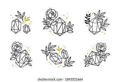 Collection Of Hand Drawn Magical Elements With Crystal, Flower, Stars, Leaf Branch For Feminine Icon, Beauty Logo, Emblem, And Other Purposes