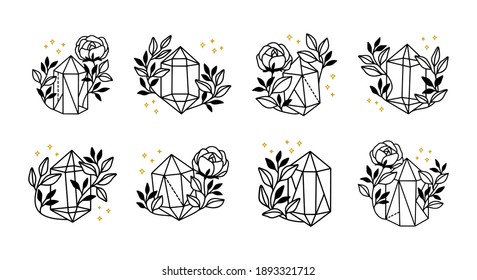 Collection Of Hand Drawn Magical Elements With Crystal, Flower, Stars, Leaf Branch For Feminine Icon, Beauty Logo, Emblem, And Other Purposes