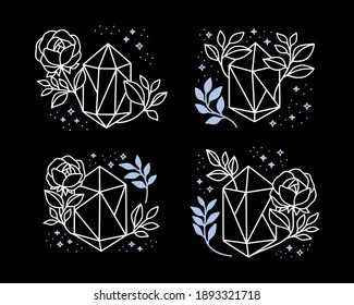 Collection of hand drawn magical elements with crystal, flower, stars, leaf branch for feminine icon, beauty logo, emblem, and other purposes