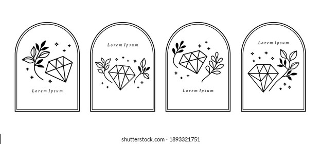 Collection of hand drawn magical elements with crystal, flower, stars, leaf branch for feminine icon, beauty logo, emblem, and other purposes